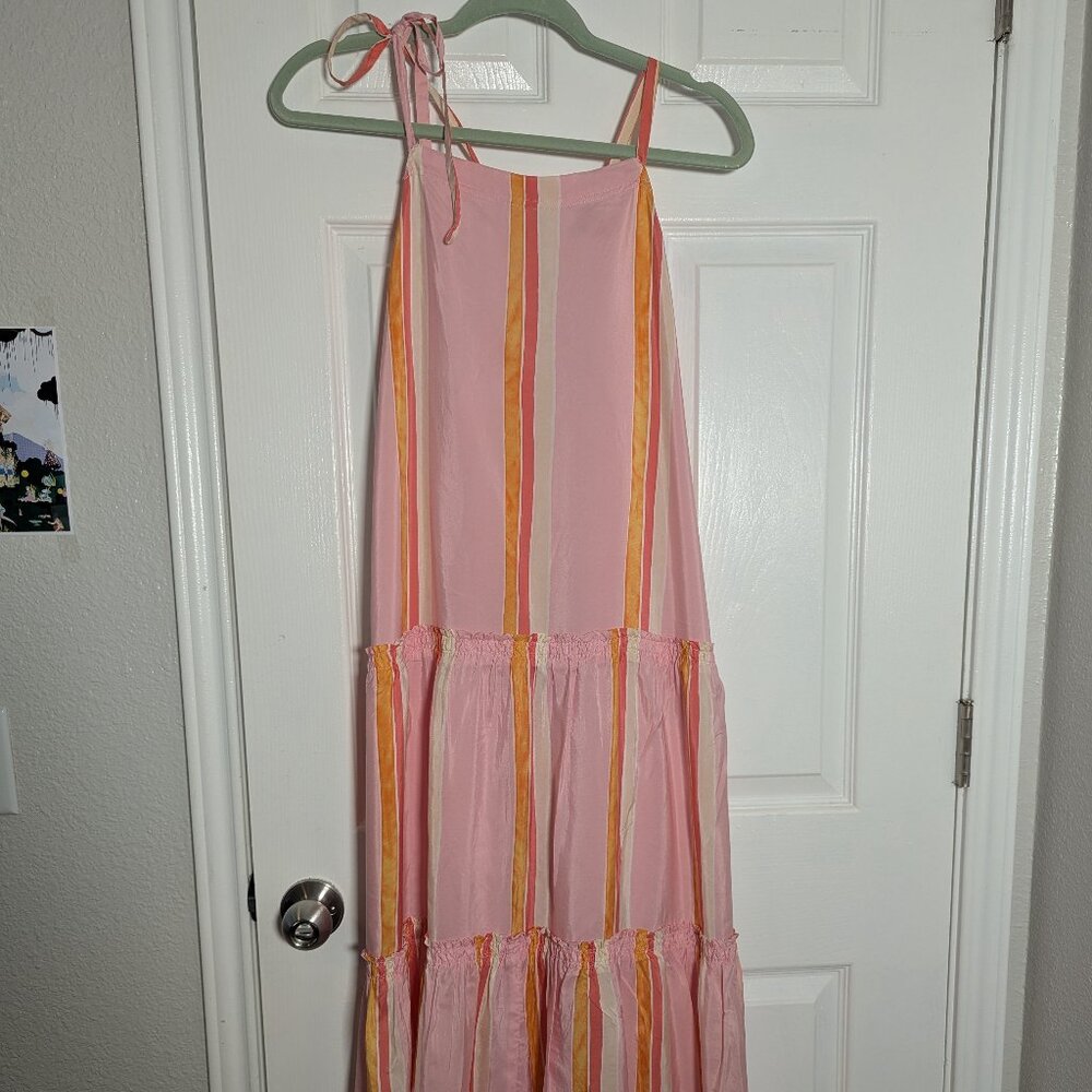 Club Monaco Amirra Halter Neck Dress Size 10 Striped Silk Tiered Midi Pink